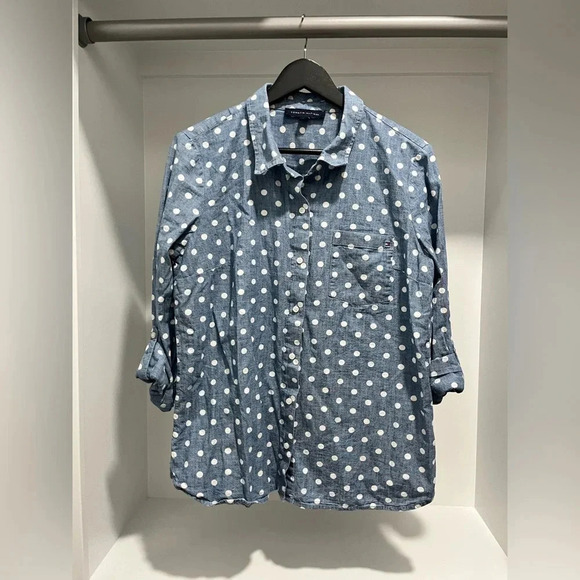 Tommy Hilfiger denim and white polka dot chambray shirt Large 100% cotton - Picture 1 of 7